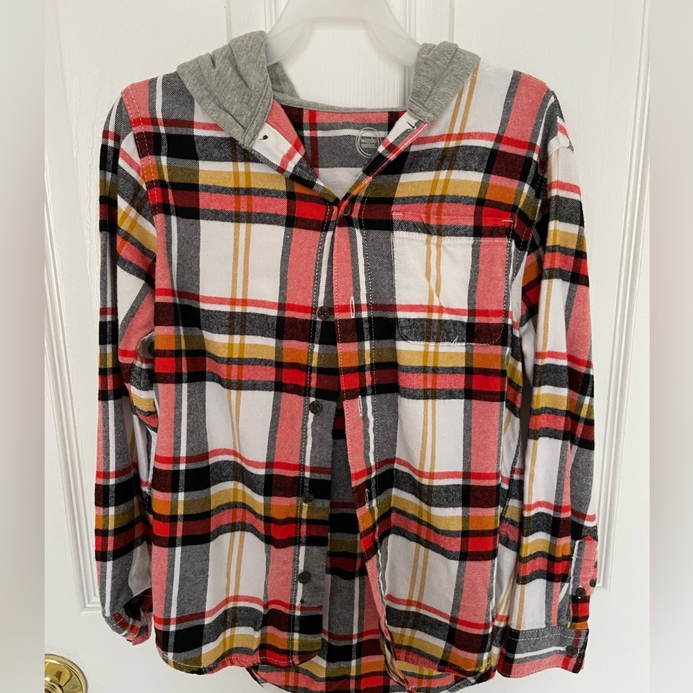 Plaid Button Up Jacket with Hood for Boys